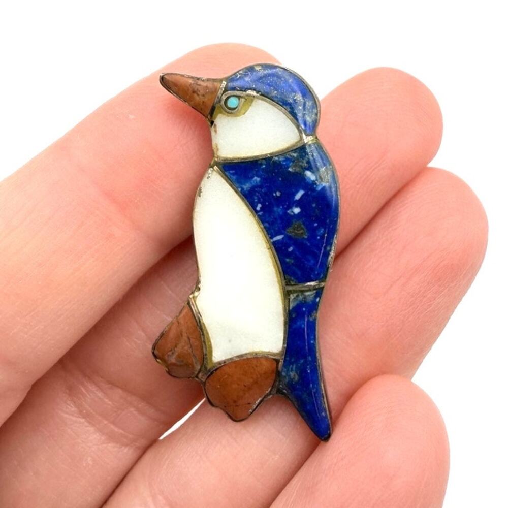 Vtg 950 Silver Inlay Blue Bird Penguin Brooch Lapis Quartz Carnelian Turquoise
